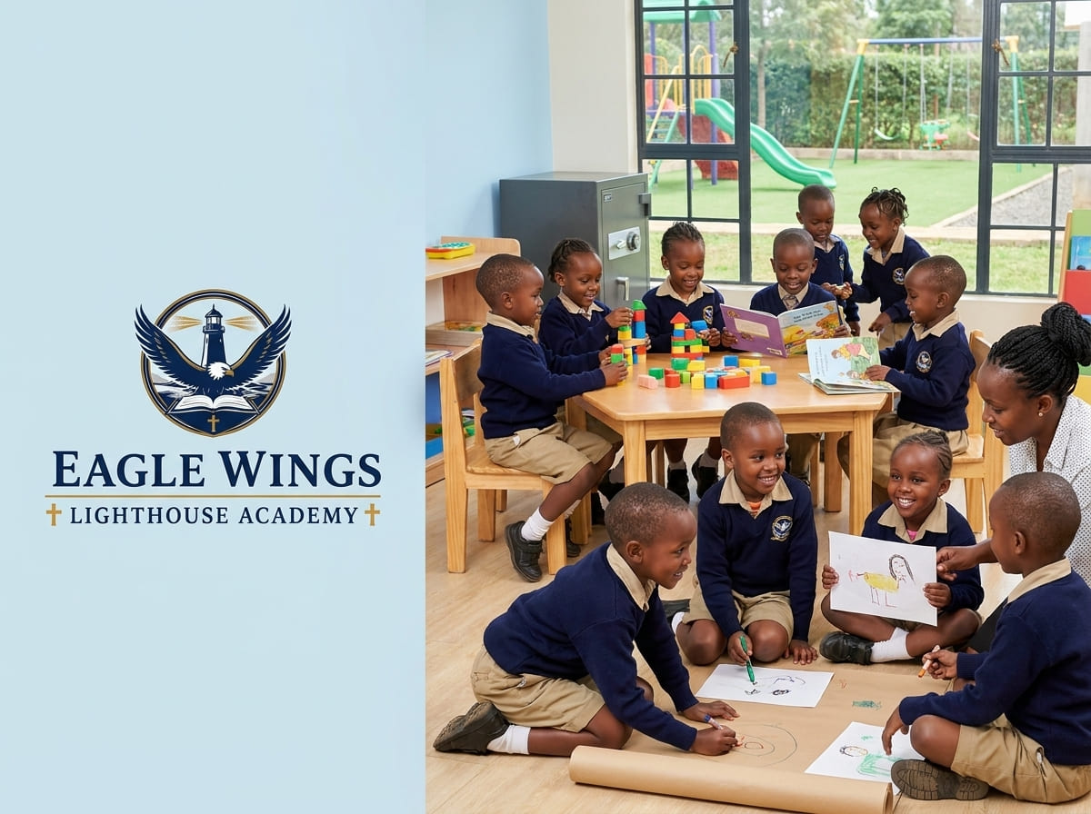 Kindergarten classroom at Eagle Wings Lighthouse Academy with preschoolers playing with blocks and a playground visible outside