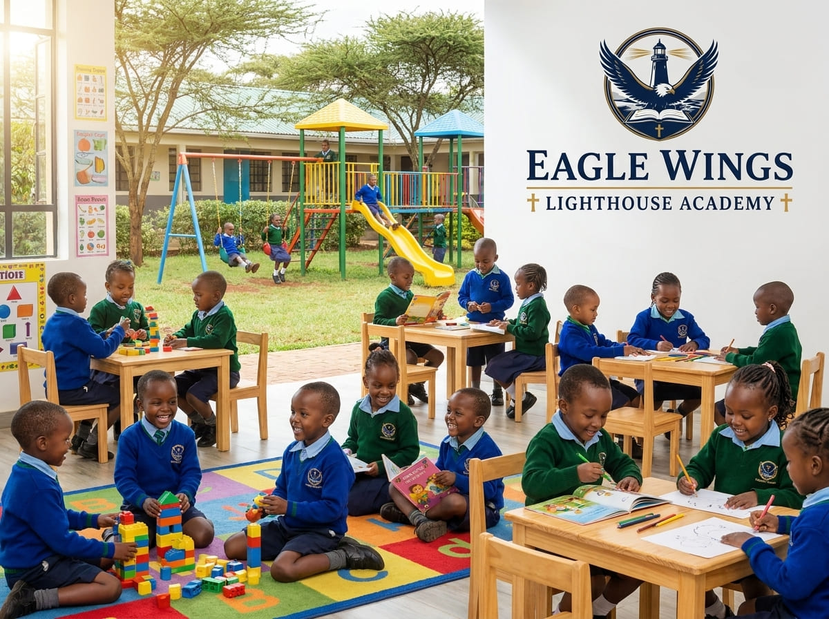 Primary school students at Eagle Wings Lighthouse Academy coloring at desks with a view of the playground through the window