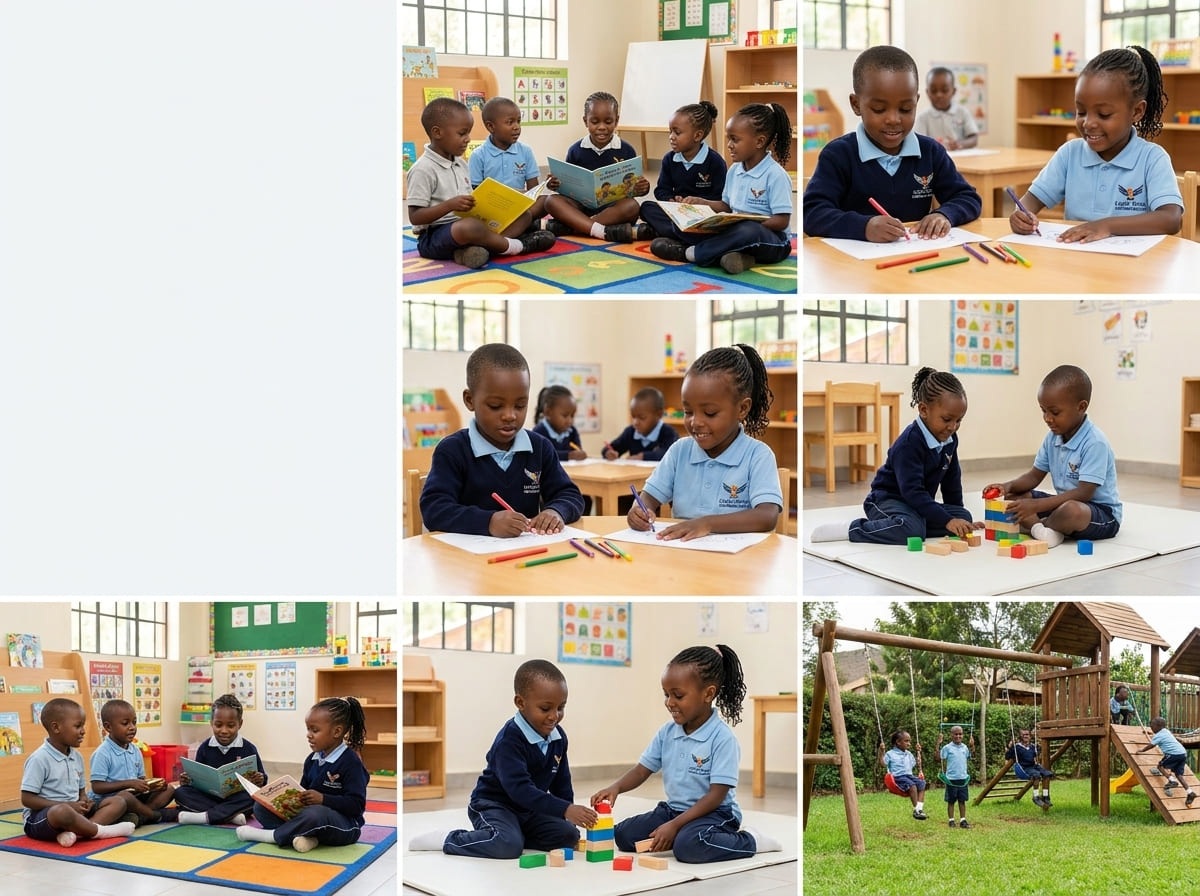 Primary level classroom activities at Eagle Wings Lighthouse Academy including reading, coloring, blocks, and swings