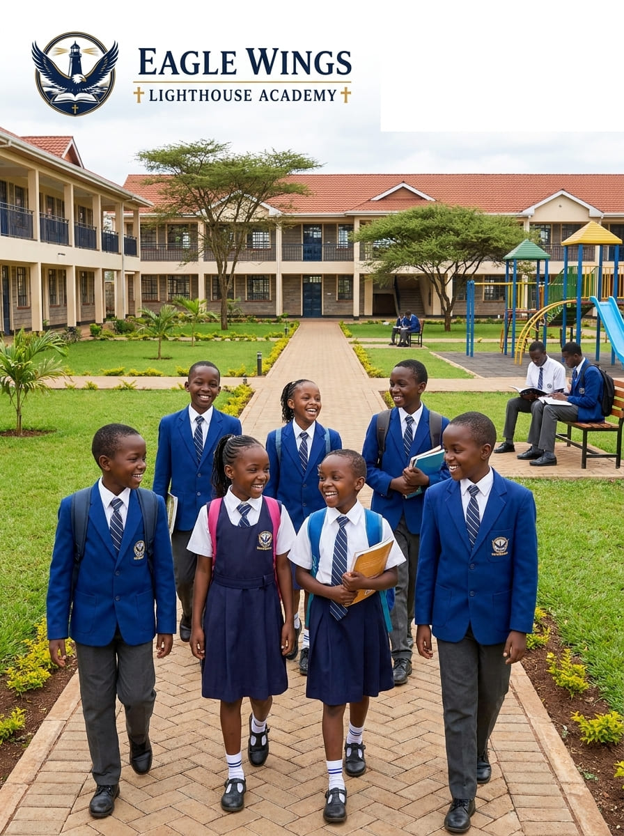 Eagle Wings Lighthouse Academy students walking past red-roofed dormitory buildings in the courtyard