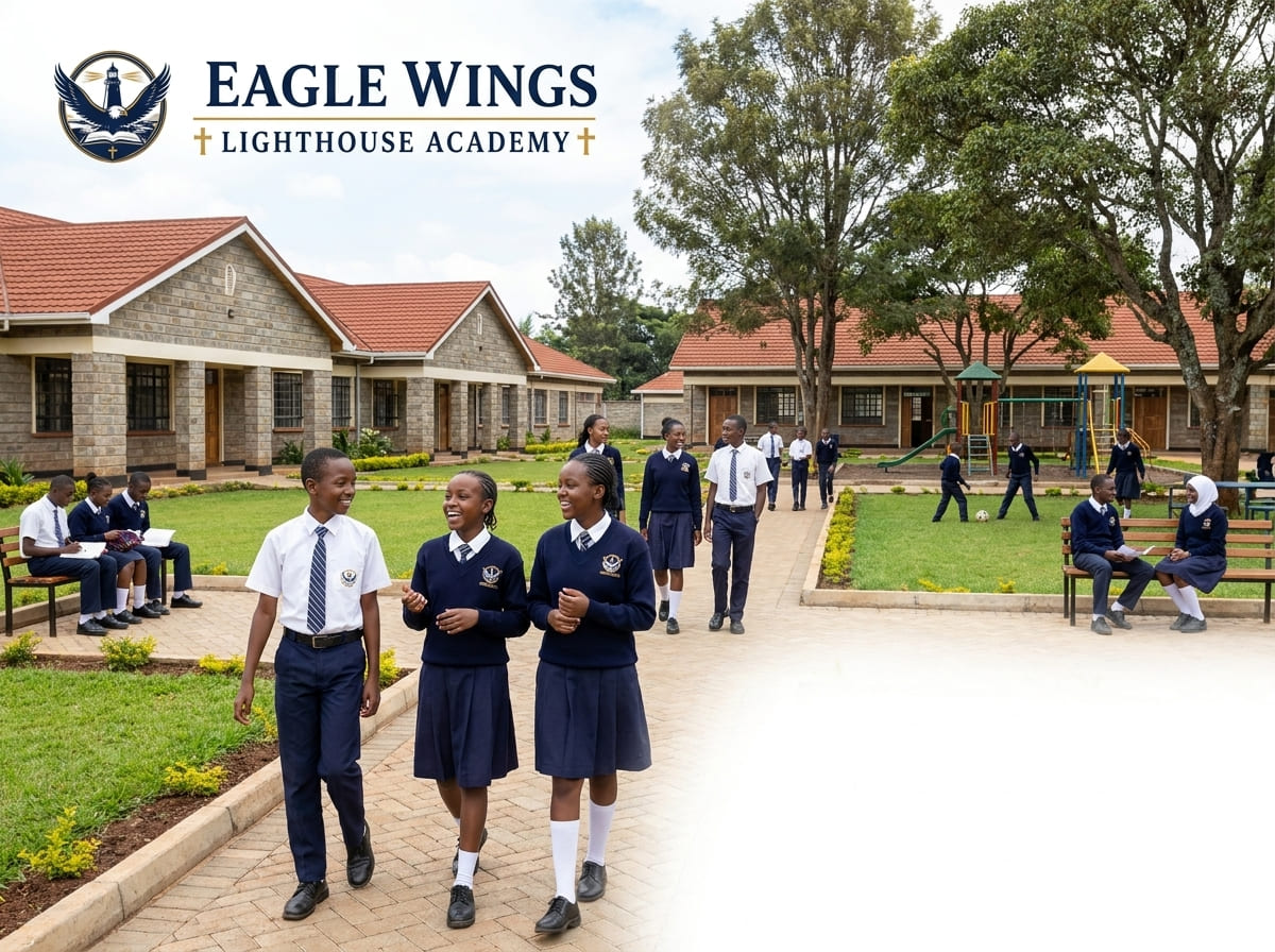 Eagle Wings Lighthouse Academy students walking along a paved path past stone buildings with a playground visible on campus