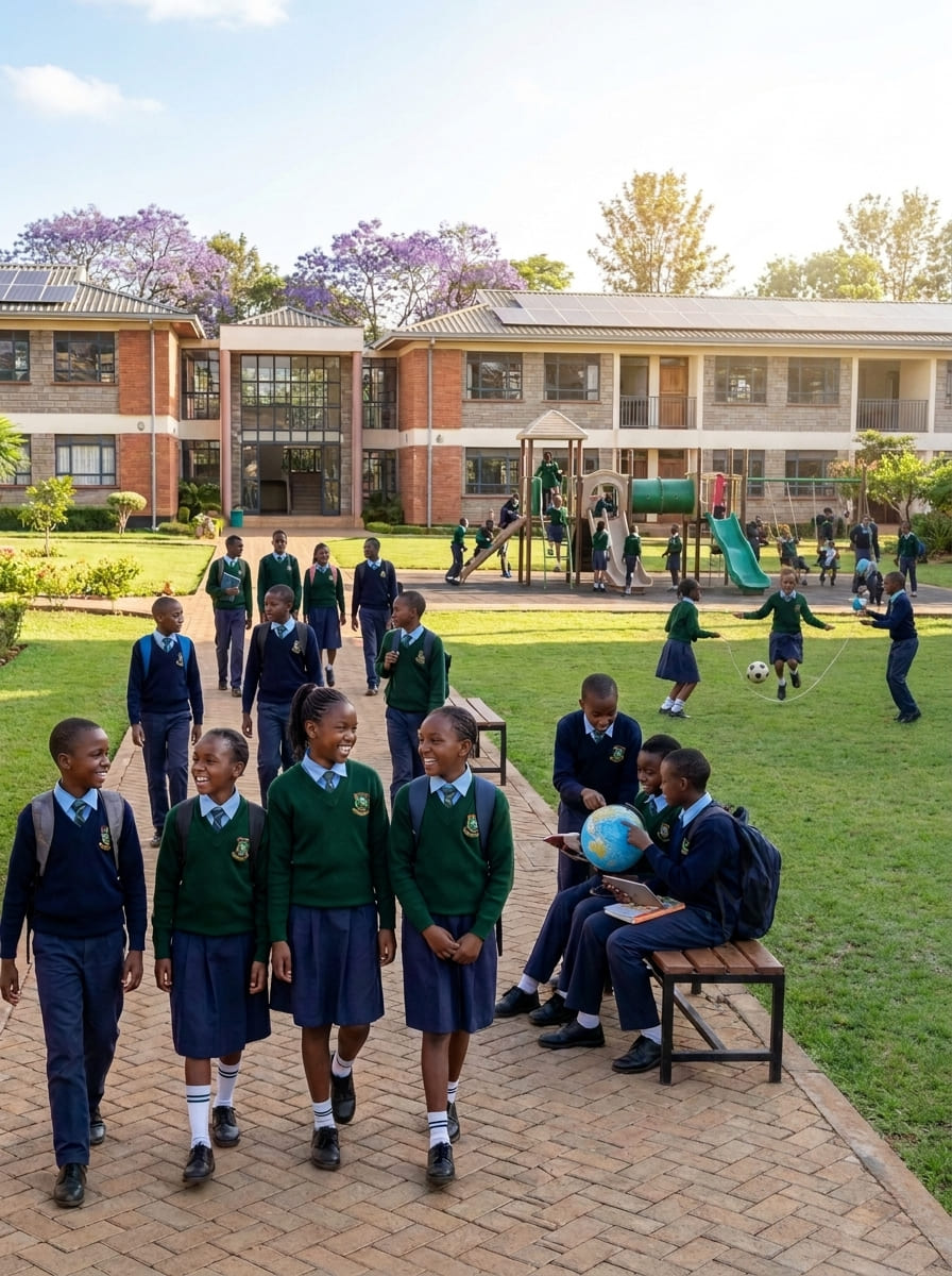Junior Secondary students in green uniforms at Eagle Wings Lighthouse Academy campus with jacaranda trees and solar-panel building