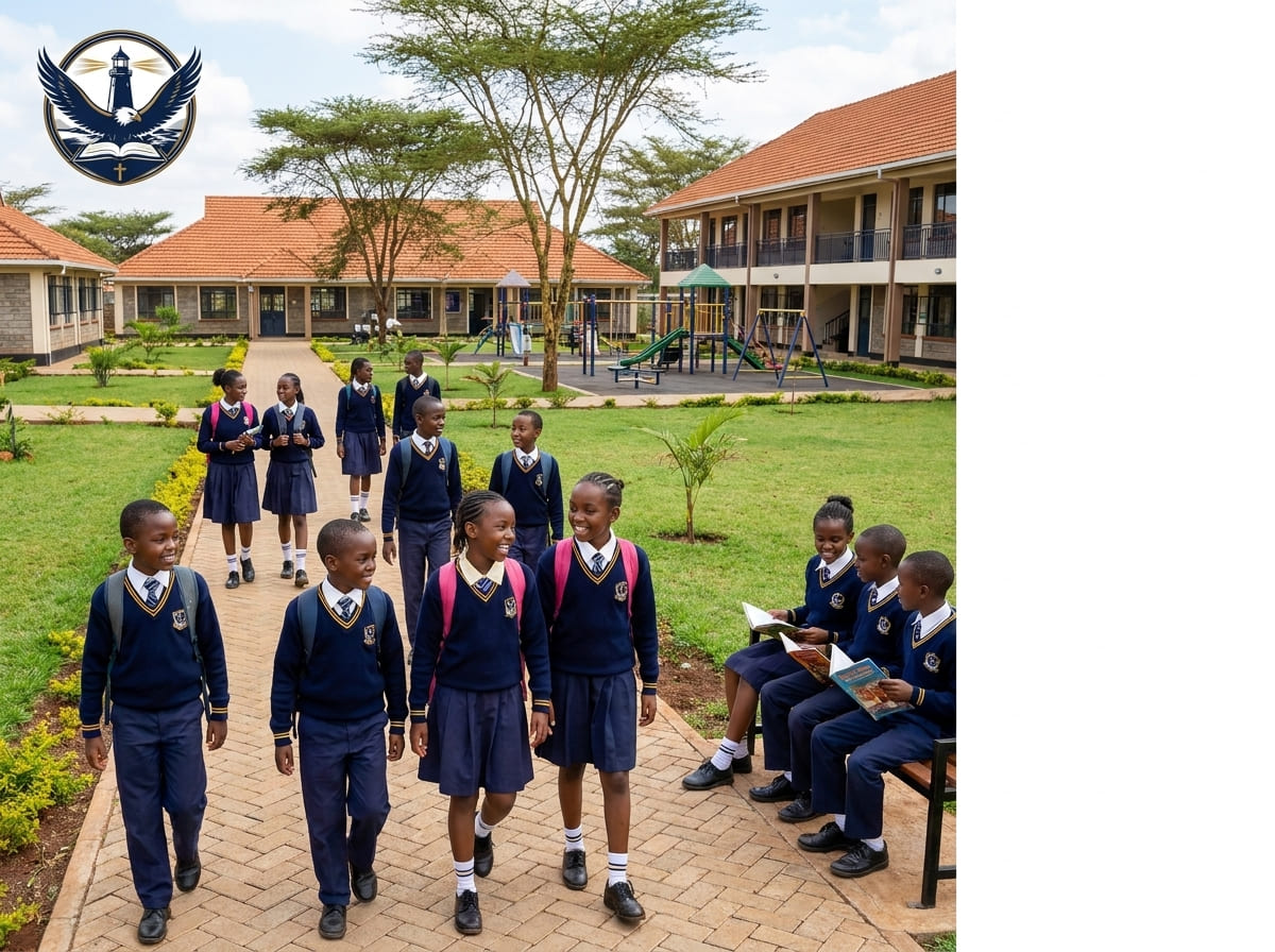 Eagle Wings Lighthouse Academy students walking past bungalow-style buildings in the courtyard on campus