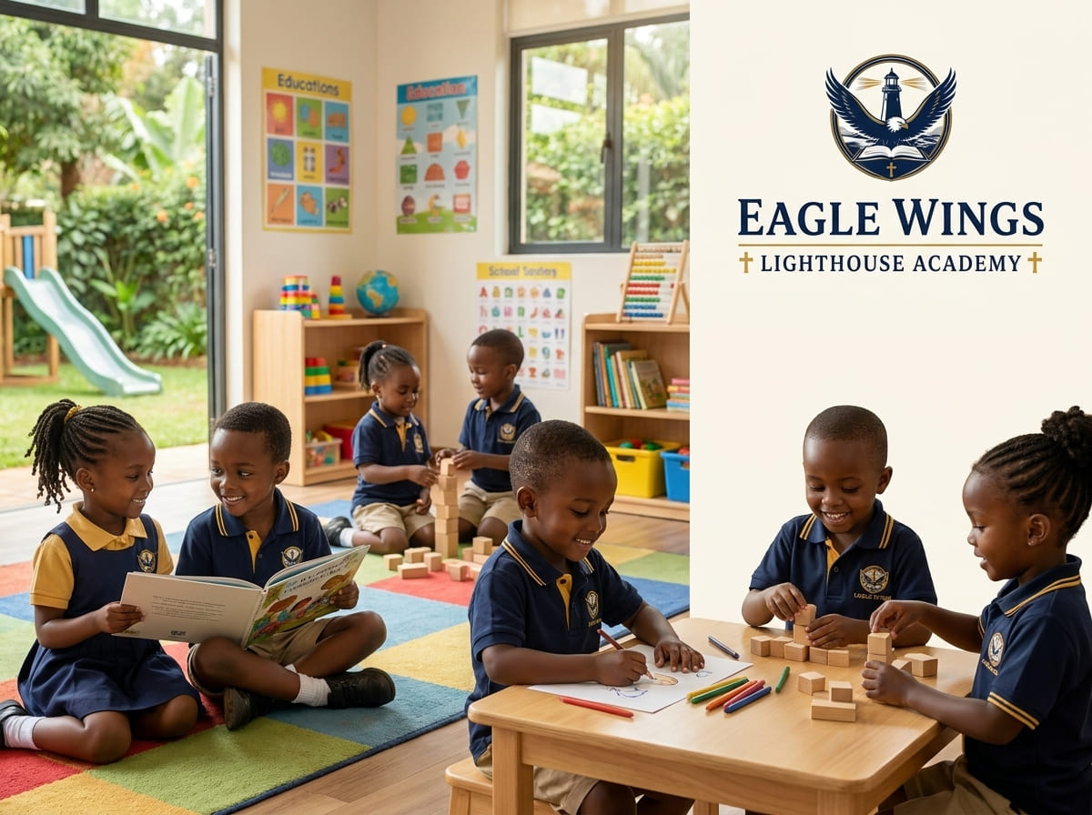 Preschoolers at Eagle Wings Lighthouse Academy reading and building blocks indoors